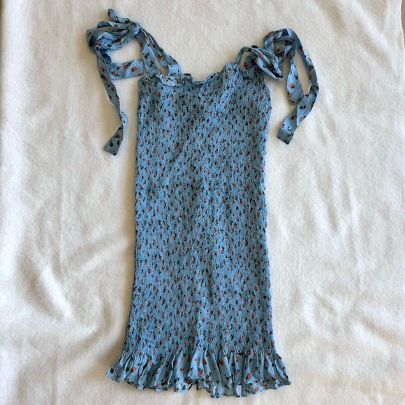 Free People Sky Blue Floral Smocked Square Neck Tie Shoulder Dress Size XS - Picture 3 of 7
